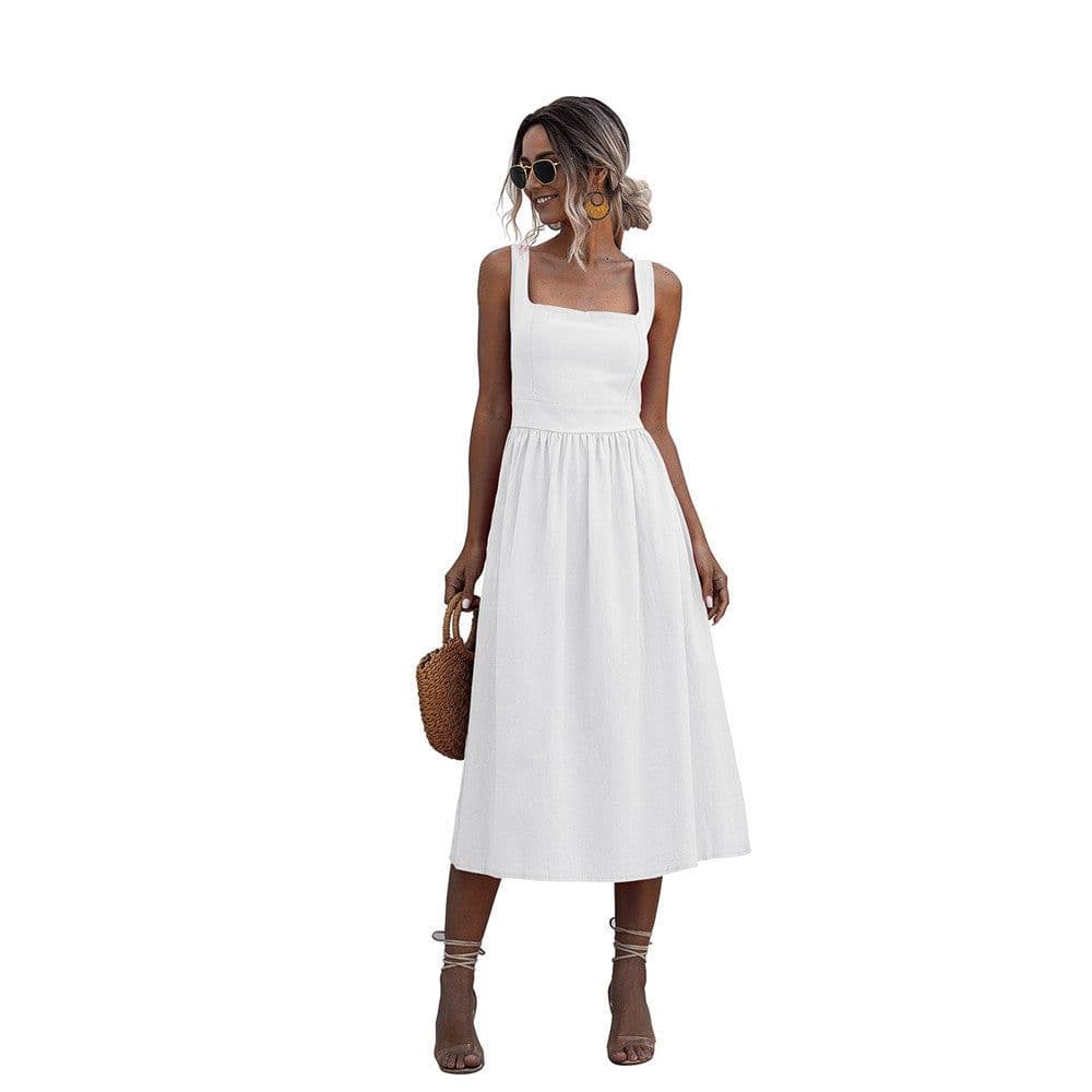 image-Women's Sleeveless High Waist Backless Midi Dress Polyester A-Line