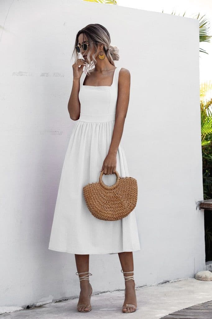 image-Women's Sleeveless High Waist Backless Midi Dress Polyester A-Line