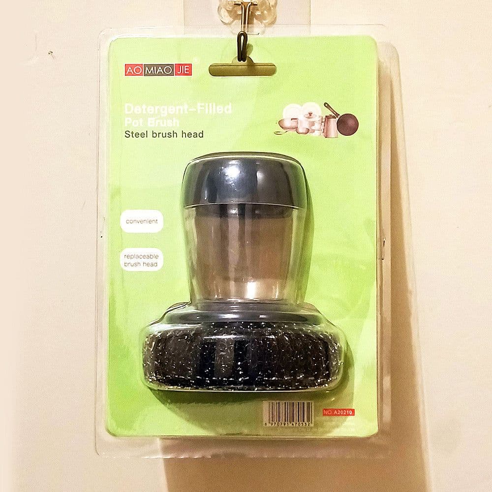 image-Kitchen Pot Brush with Steel Wire Ball Short Handle Dishwashing Cleaning Brush
