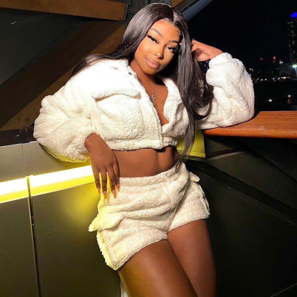 image-Women's Plush Two-Piece Set Long Sleeve Top Shorts Solid Color Casual
