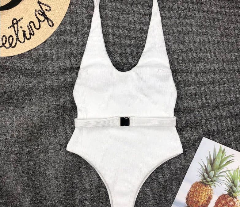 image-Women's Solid Color One-Piece Swimsuit with Belt Buckle