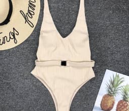 image-Women's Solid Color One-Piece Swimsuit with Belt Buckle