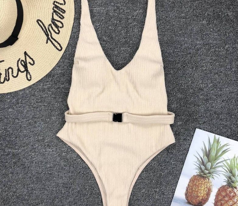 image-Women's Solid Color One-Piece Swimsuit with Belt Buckle