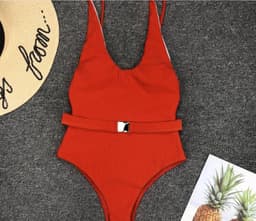image-Women's Solid Color One-Piece Swimsuit with Belt Buckle