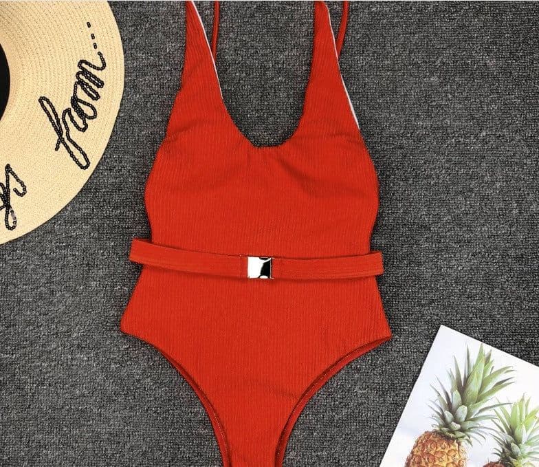 image-Women's Solid Color One-Piece Swimsuit with Belt Buckle