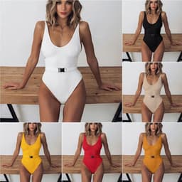 image-Women's Solid Color One-Piece Swimsuit with Belt Buckle