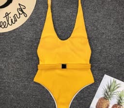image-Women's Solid Color One-Piece Swimsuit with Belt Buckle