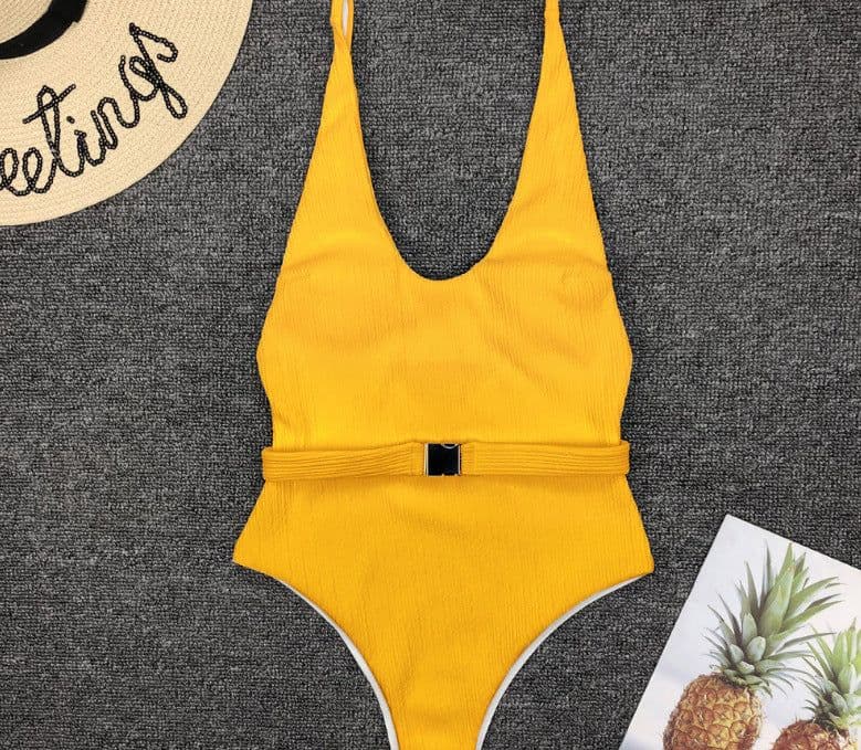 image-Women's Solid Color One-Piece Swimsuit with Belt Buckle