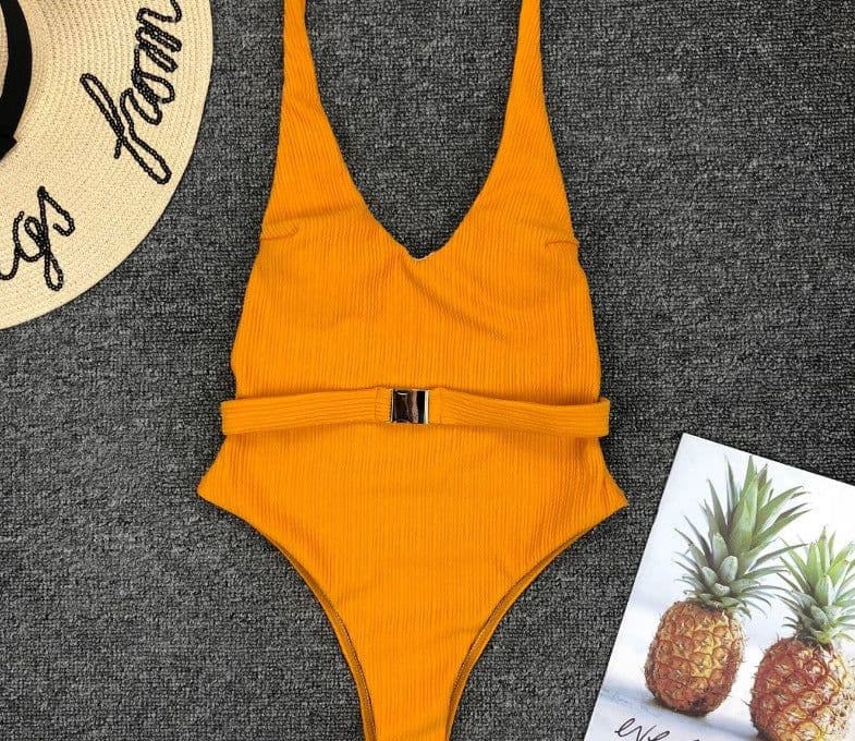 image-Women's Solid Color One-Piece Swimsuit with Belt Buckle