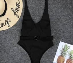 image-Women's Solid Color One-Piece Swimsuit with Belt Buckle
