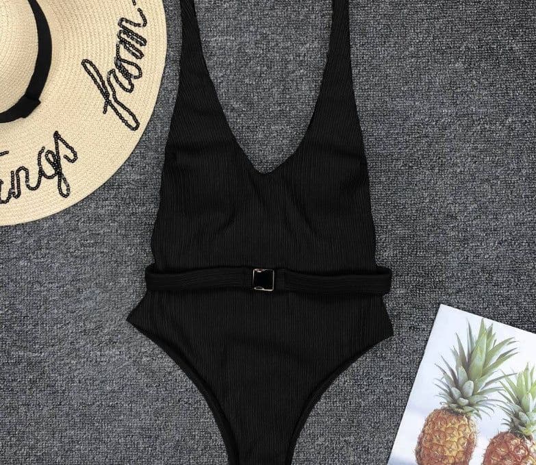 image-Women's Solid Color One-Piece Swimsuit with Belt Buckle