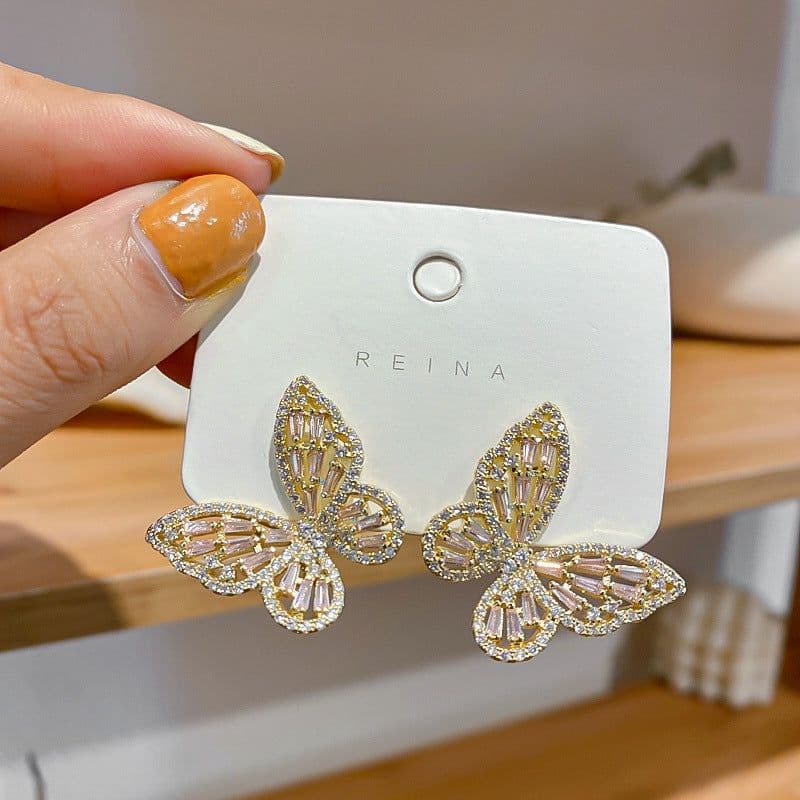 image-925 Silver Needle Butterfly Zircon Earrings Korean Style