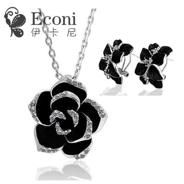 image-Camellia Flower Necklace and Earrings Set Silver Alloy Jewelry