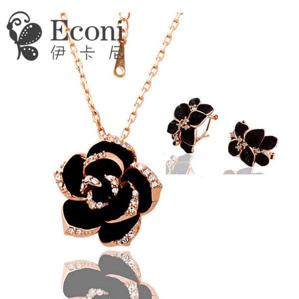 image-Camellia Flower Necklace and Earrings Set Silver Alloy Jewelry