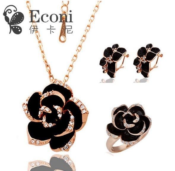 image-Camellia Flower Necklace and Earrings Set Silver Alloy Jewelry