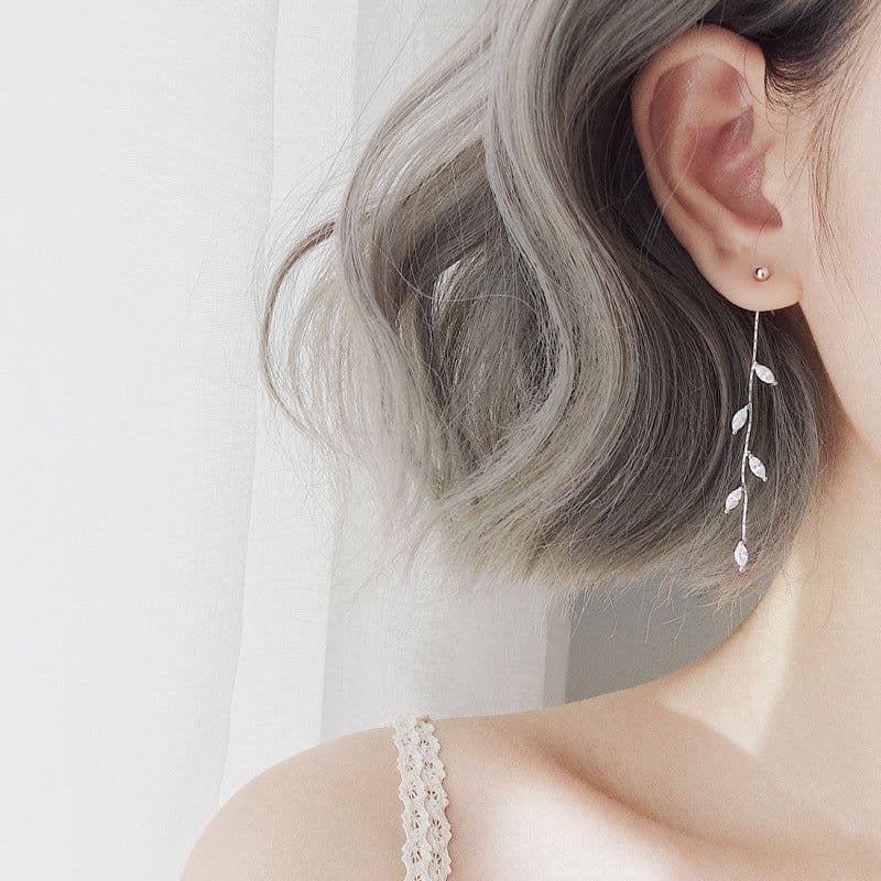 image-Silver Needle Leaf Tassel Earrings Korean Style Long Drop Earrings