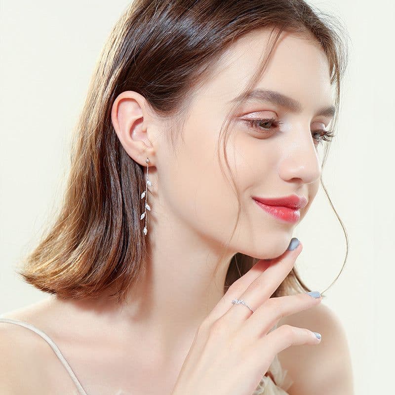 image-Silver Needle Leaf Tassel Earrings Korean Style Long Drop Earrings