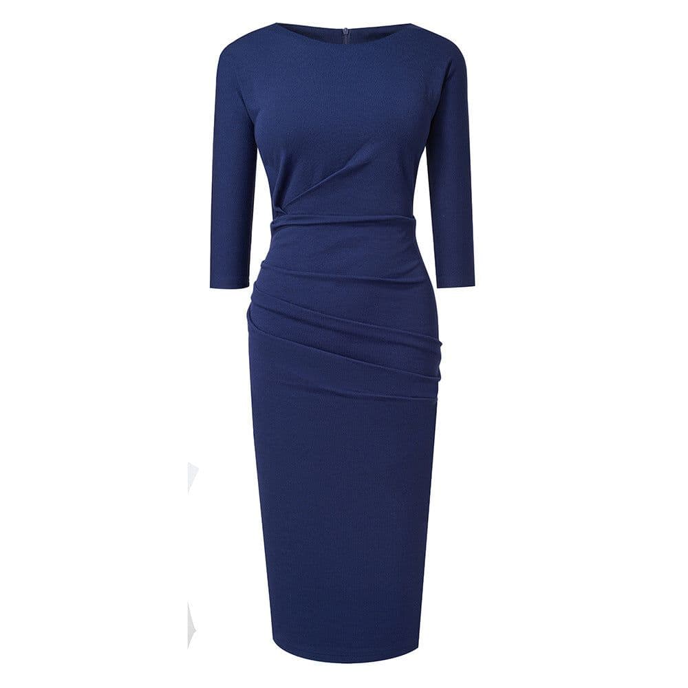image-Ai Yishi Women's Pleated Wrap Dress 3/4 Sleeve Round Neck