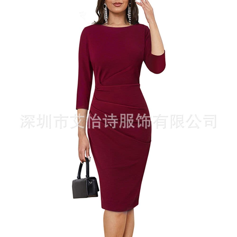 image-Ai Yishi Women's Pleated Wrap Dress 3/4 Sleeve Round Neck