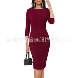 image-Ai Yishi Women's Pleated Wrap Dress 3/4 Sleeve Round Neck