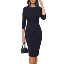 image-Ai Yishi Women's Pleated Wrap Dress 3/4 Sleeve Round Neck