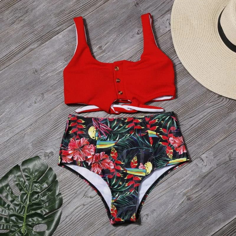 image-Xize High-Waisted Bikini Swimsuit Leaf Print Women's 2-Piece