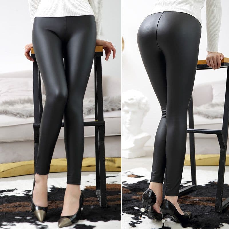 image-AIELELE Women's High Waist PU Leather Leggings Cropped Pants