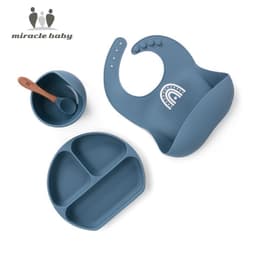image-Silicone Baby Dinner Plate Set with Suction Bowl and Smiley Grid Design