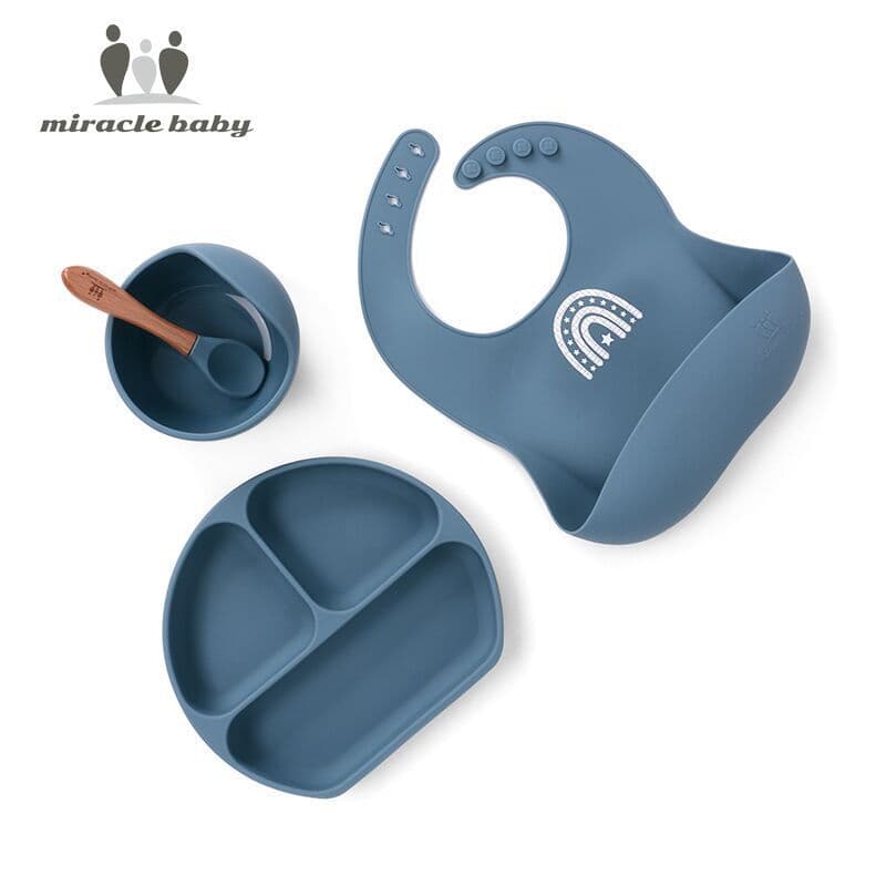 image-Silicone Baby Dinner Plate Set with Suction Bowl and Smiley Grid Design
