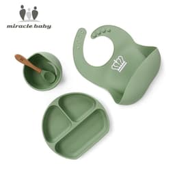 image-Silicone Baby Dinner Plate Set with Suction Bowl and Smiley Grid Design