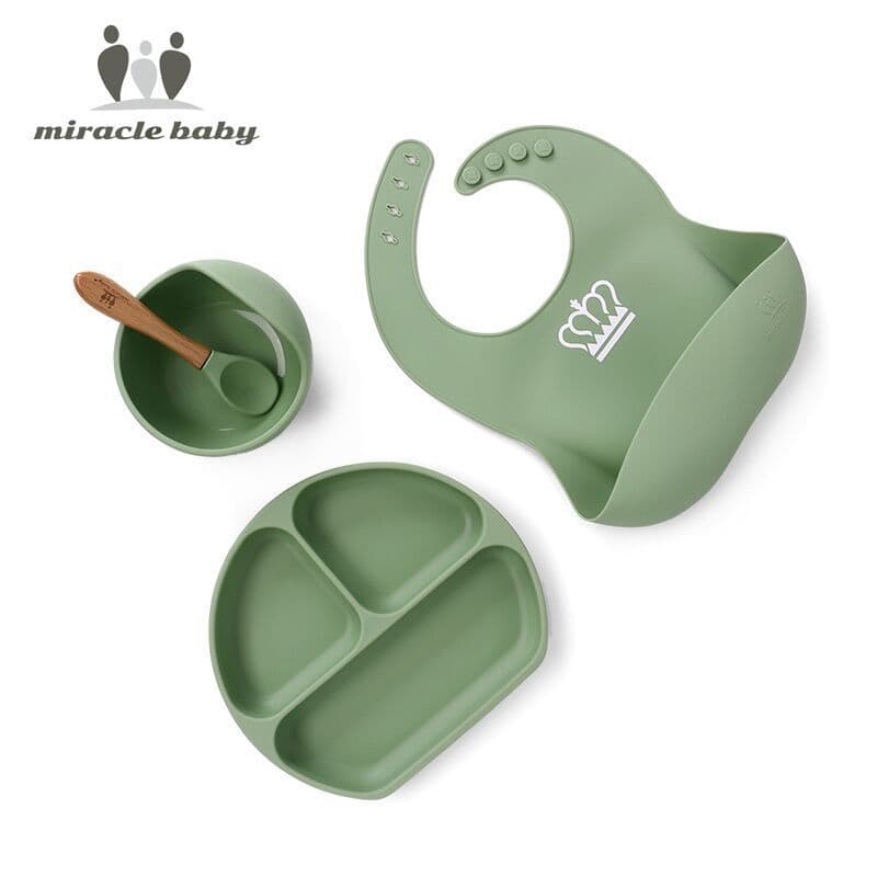 image-Silicone Baby Dinner Plate Set with Suction Bowl and Smiley Grid Design