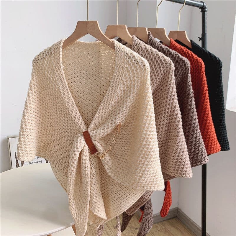 image-Women's Triangular Knit Shawl Scarf - Solid Color Wool Blend