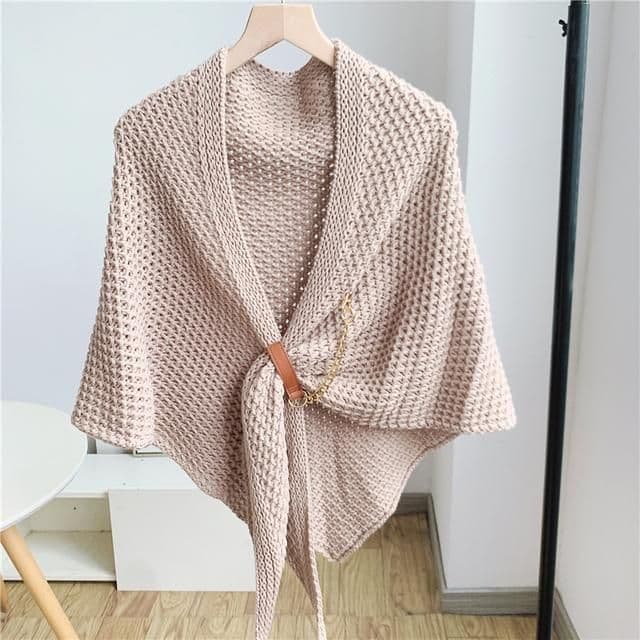 image-Women's Triangular Knit Shawl Scarf - Solid Color Wool Blend