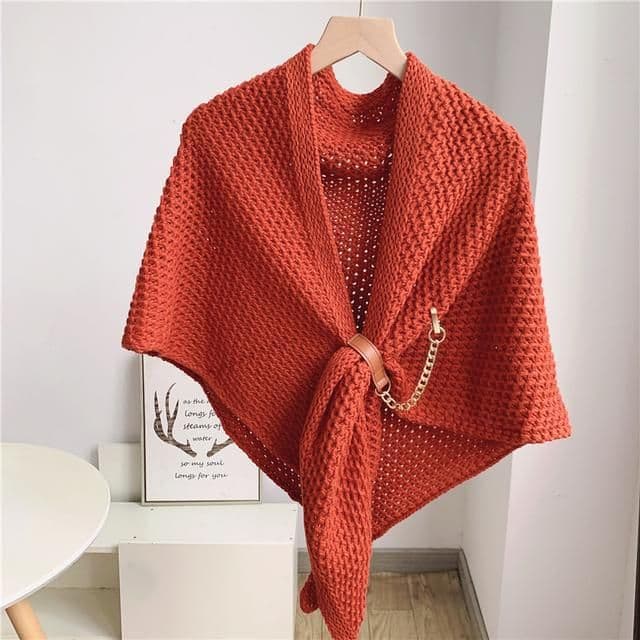 image-Women's Triangular Knit Shawl Scarf - Solid Color Wool Blend