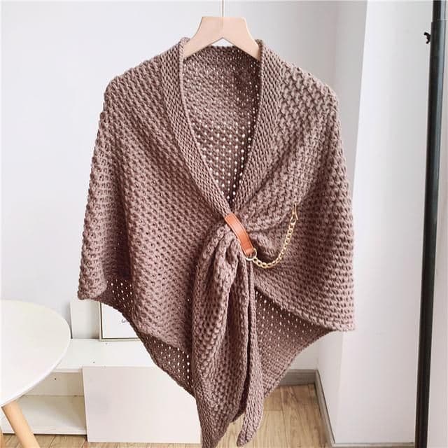image-Women's Triangular Knit Shawl Scarf - Solid Color Wool Blend