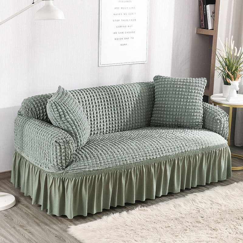 image-Bran Bird Seersucker Sofa Cover with Lace Skirt Two-Seater