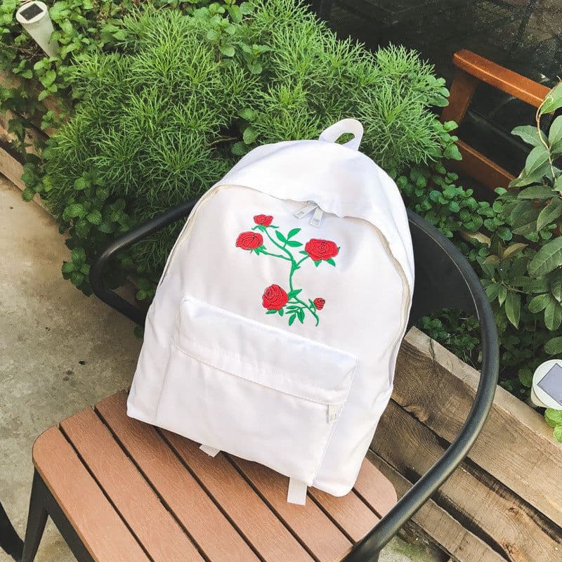 image-Canvas Embroidered Backpack Flower Pattern School Bag Unisex