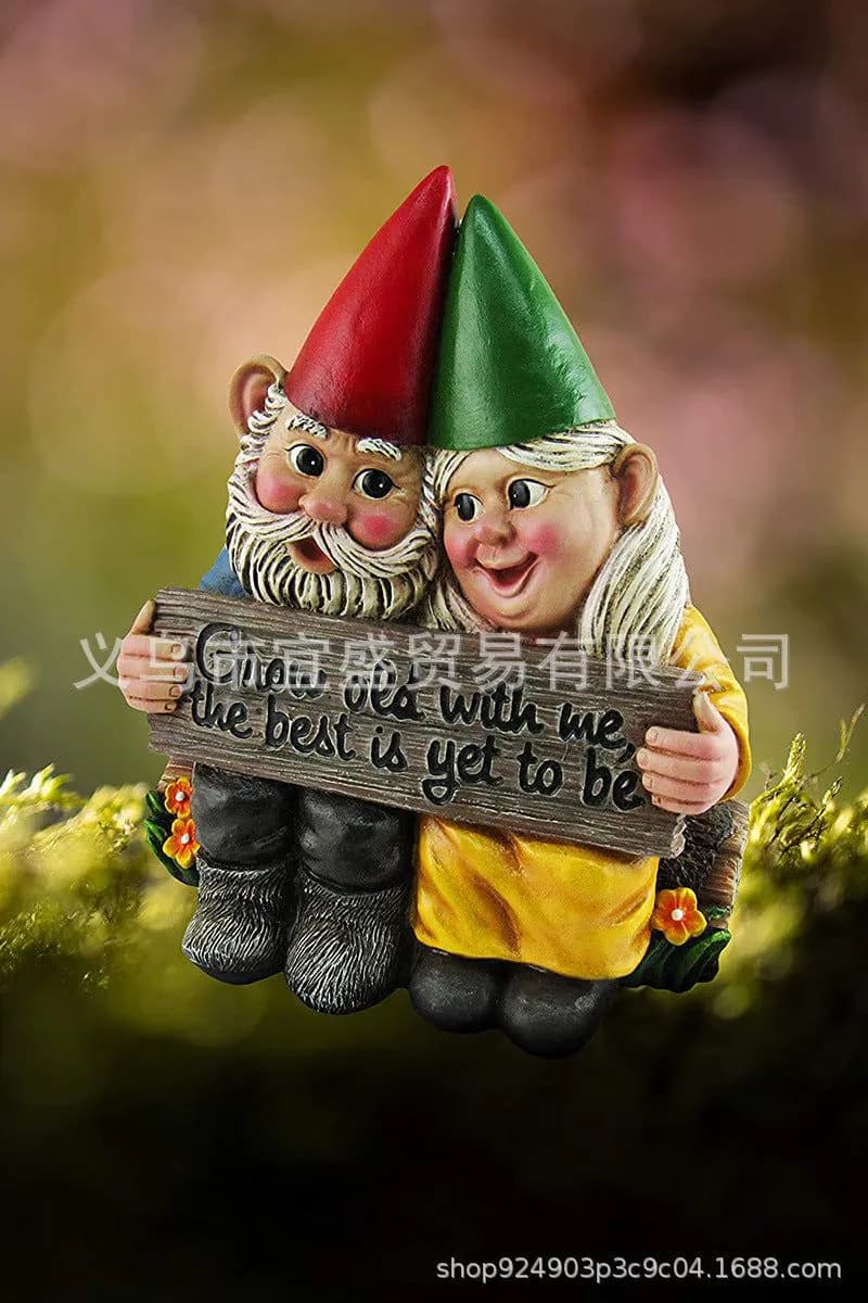 image-Resin Garden Gnome Couple Statue Cartoon Dwarf Ornament