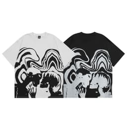 image-Skull Couple Print T-Shirt Unisex Loose Fit Short Sleeve Cotton