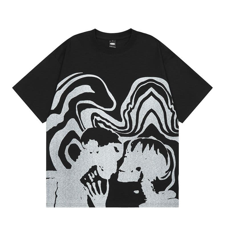 image-Skull Couple Print T-Shirt Unisex Loose Fit Short Sleeve Cotton