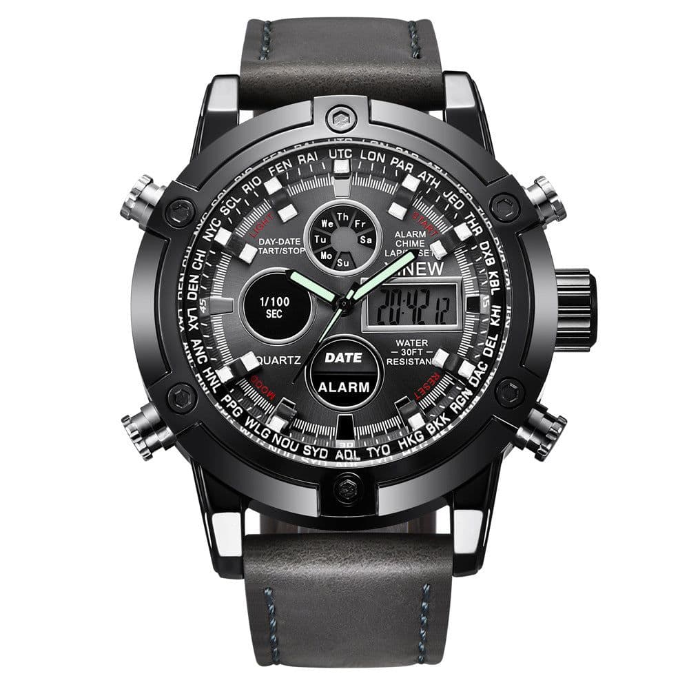 image-Chronograph Business Watch Mens Leather Digital Wristwatches