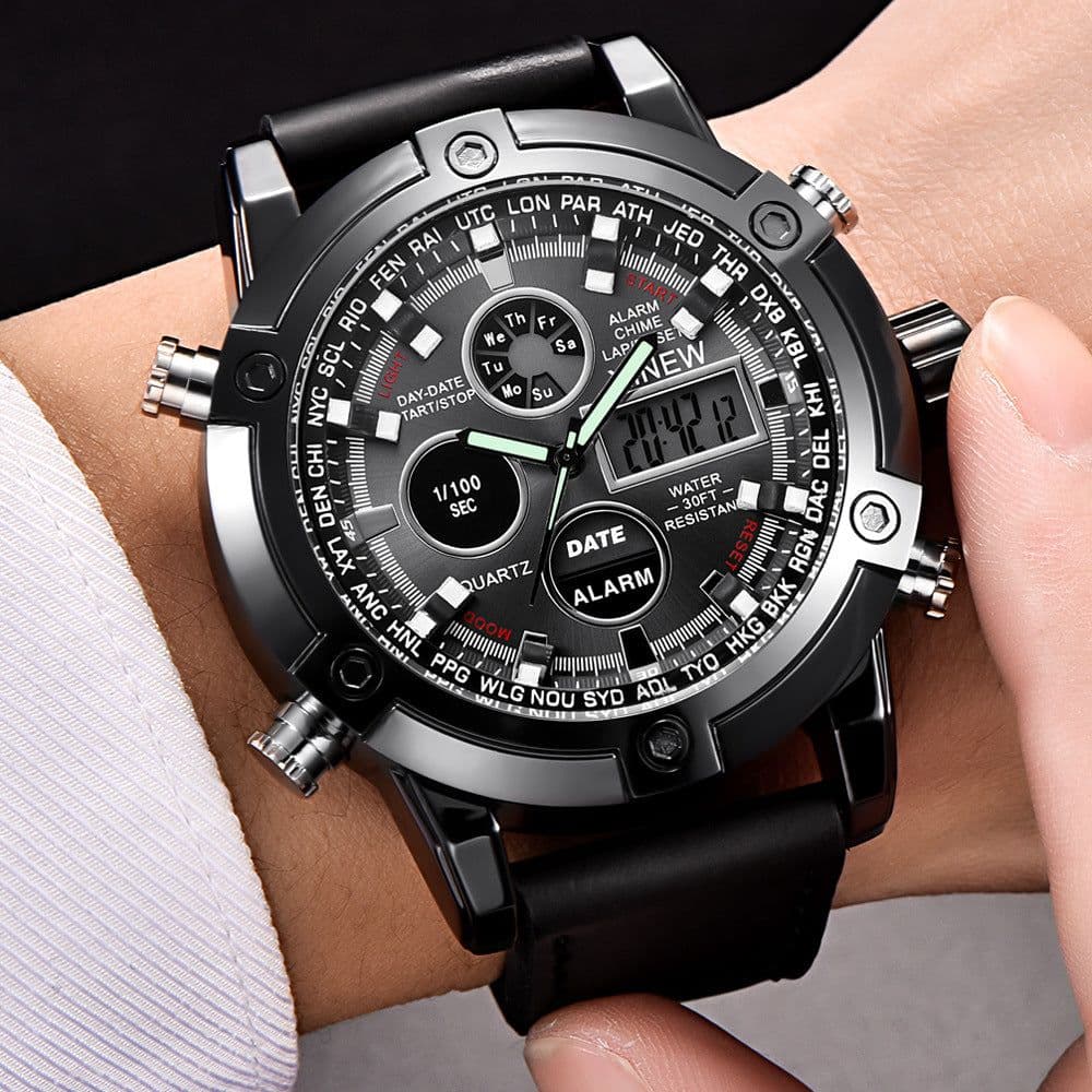 image-Chronograph Business Watch Mens Leather Digital Wristwatches