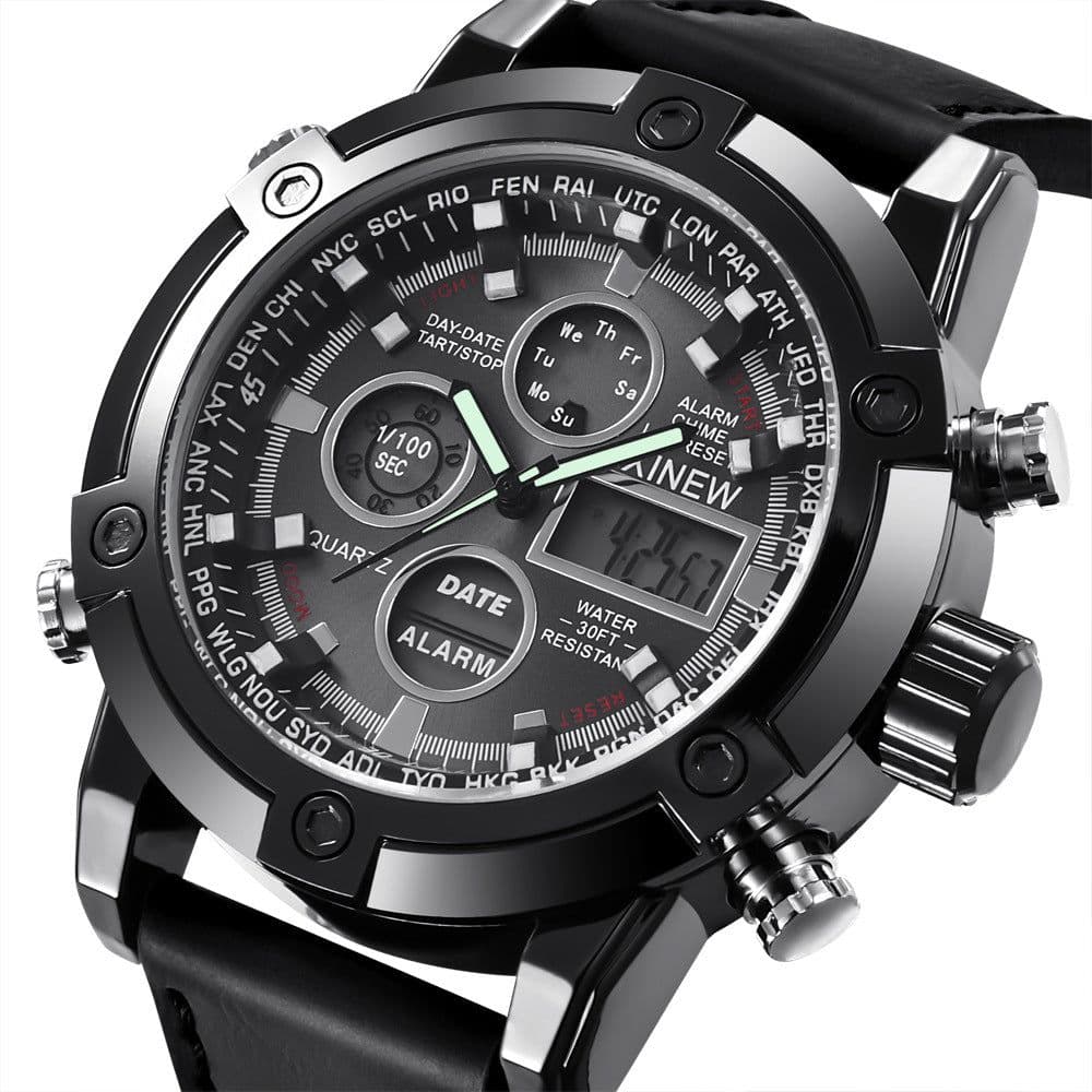image-Chronograph Business Watch Mens Leather Digital Wristwatches