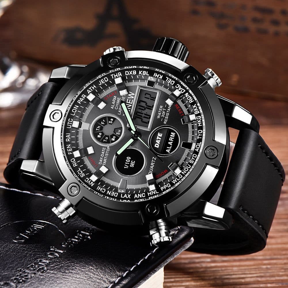 image-Chronograph Business Watch Mens Leather Digital Wristwatches