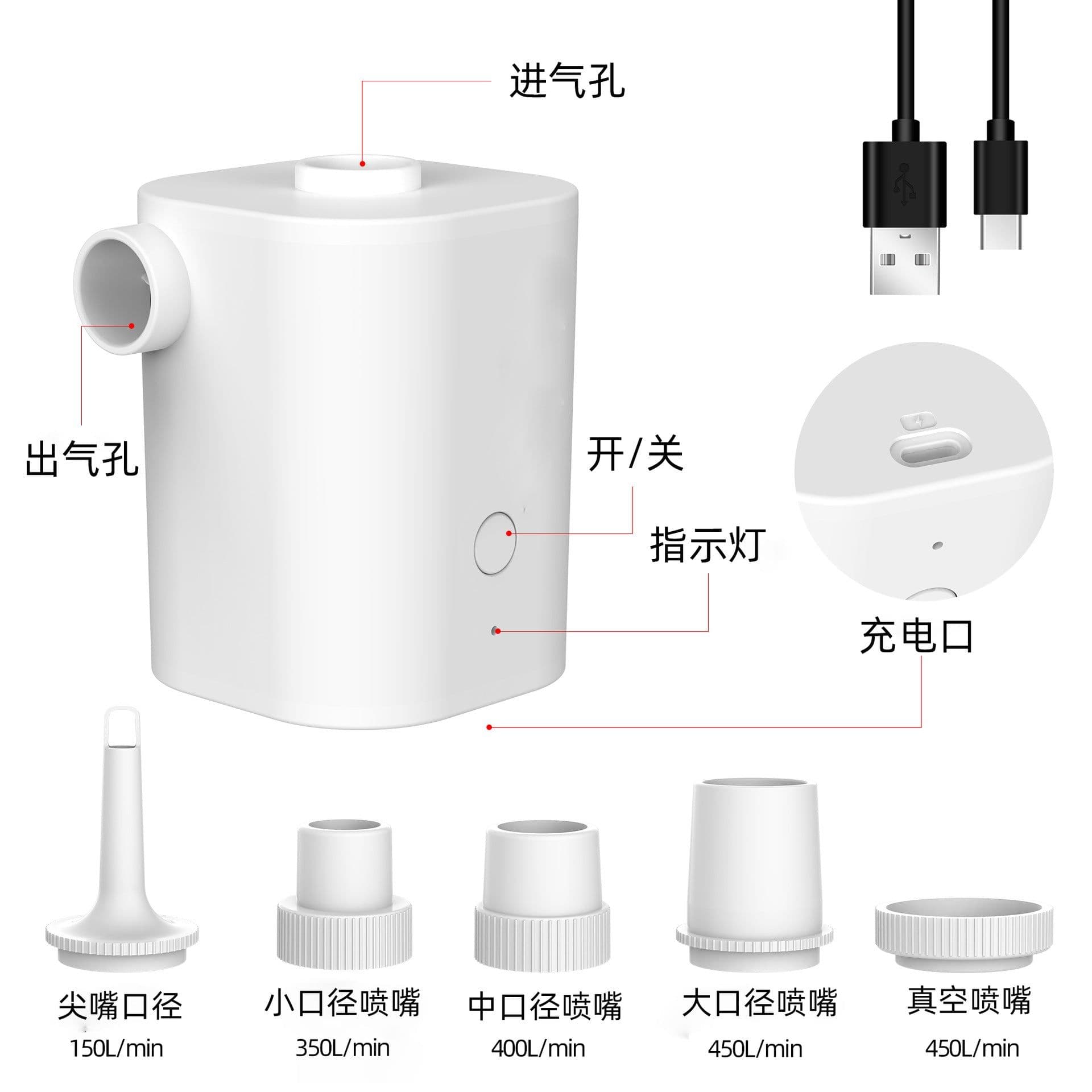 image-Mini Portable USB Electric Air Pump 70L/min Outdoor Inflator