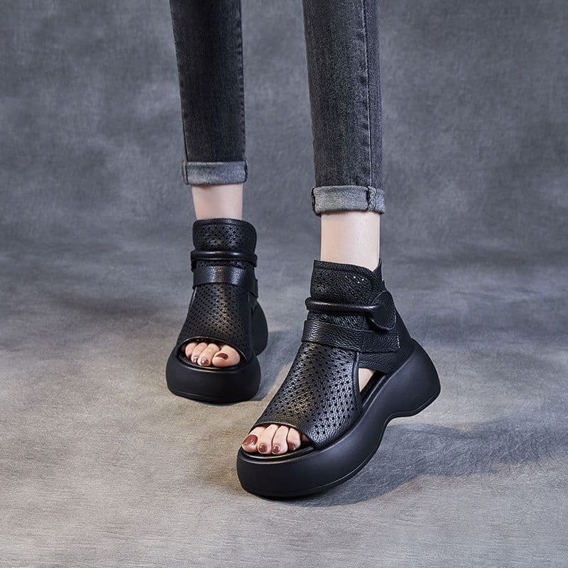 image-Women's Brown Leather Platform Sandals Open Toe High Heel Roman Style