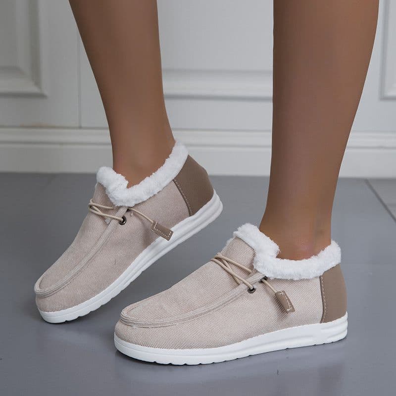 image-Women's Winter Cotton Snow Boots Flat Heel Lace-Up Warm Fur Lined