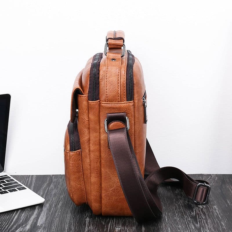 image-Men's Leather Vertical Shoulder Messenger Bag Business Casual Brown