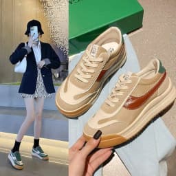 image-Women's Platform Sneakers Casual Lace Up Shoes Color Block PU Leather
