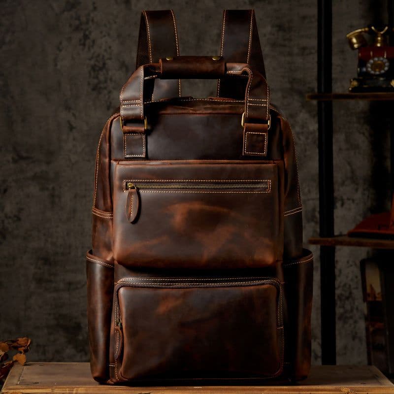image-Handmade Crazy Horse Leather Backpack Large Capacity Travel